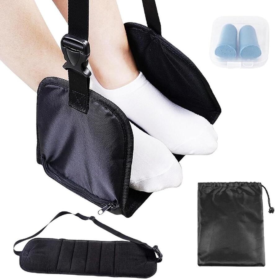 Allecto Plus Voetensteun voor vliegtuigreizen Premium Traagschuim Verstelbaar Inclusief Oogmasker en Oordopjes