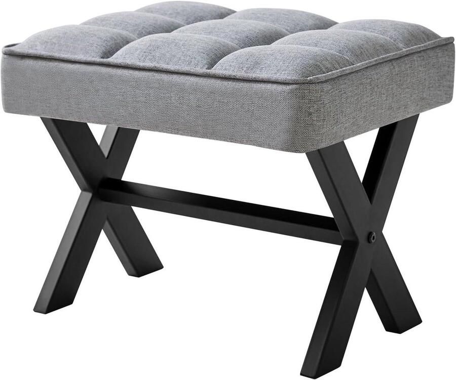 Allecto Plus Voetensteunkruk 305 cm H vierkant linnen metalen X-poot Multifunctioneel bijzettafel opstapkruk Blauwgrijs voor woonkamer slaapkamer entree kantoor