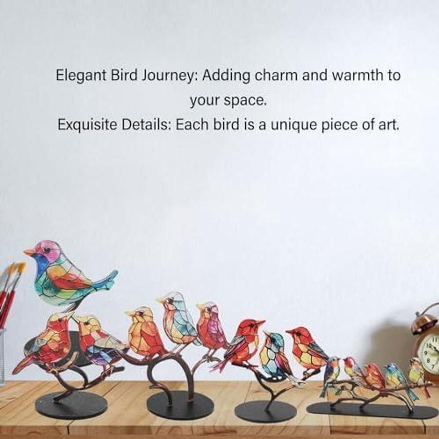 Allecto plus Vogel Ornament voor op Bureau Dubbelzijdig Metaal en Acryl Levendige Decoratie Veelzijdig Display (Set van 3 Vogels)