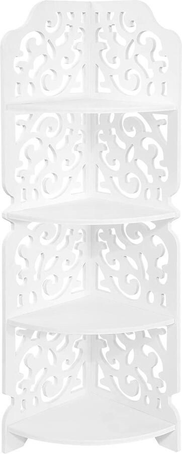 Allecto Plus Voor Dampproo 4 etages hoekrek boekenrek met wandgemonteerde cosmetica-plank in wit Ruimtebesparend en multifunctioneel