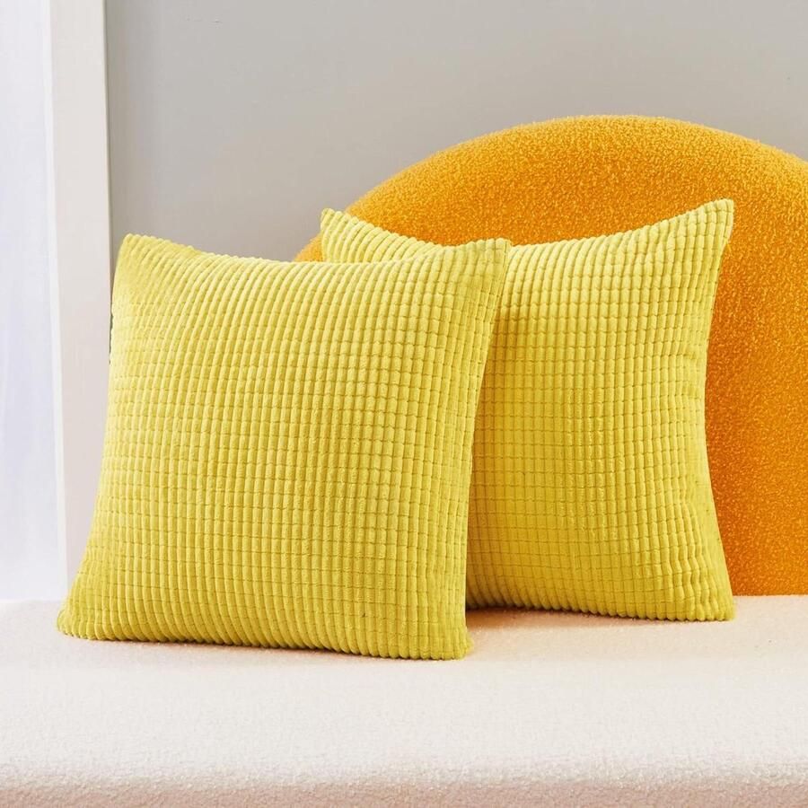 Brenzoos Wafelstructuur Corduroy Kussenhoes zonder Vulling Onzichtbare Rits Bank Slaapkamer Auto 65x65 cm Vierkant Geel Set van 2
