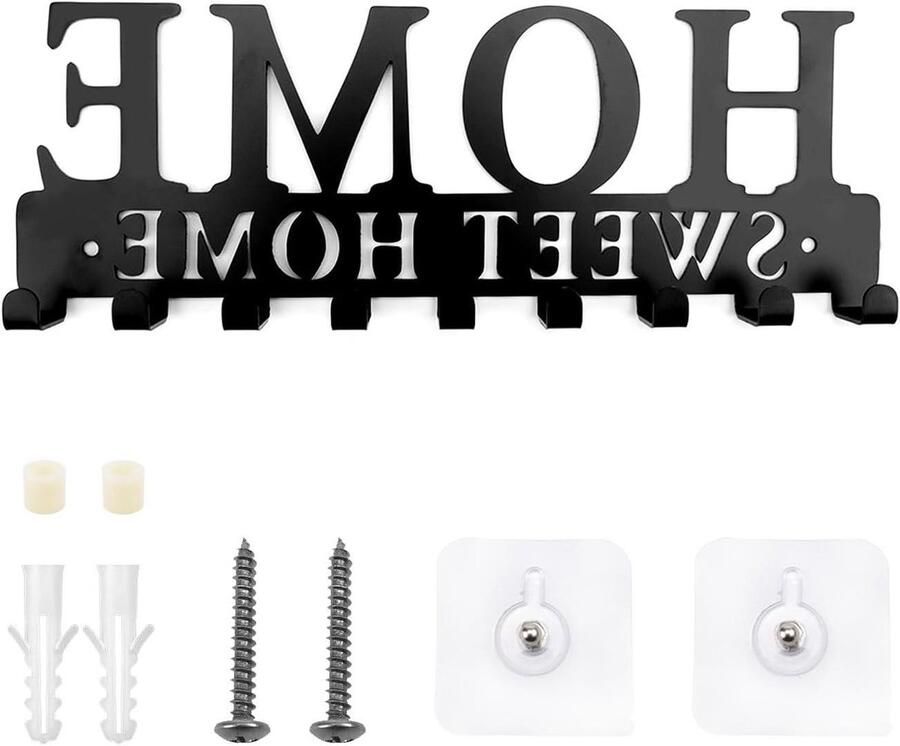 Allecto Plus Wand Sleutelhouder IJzeren Kapstok met 9 Haken Zwarte Kapstok voor Hal Zonder Boren en Schroeven Voor Badkamer Slaapkamer Keuken