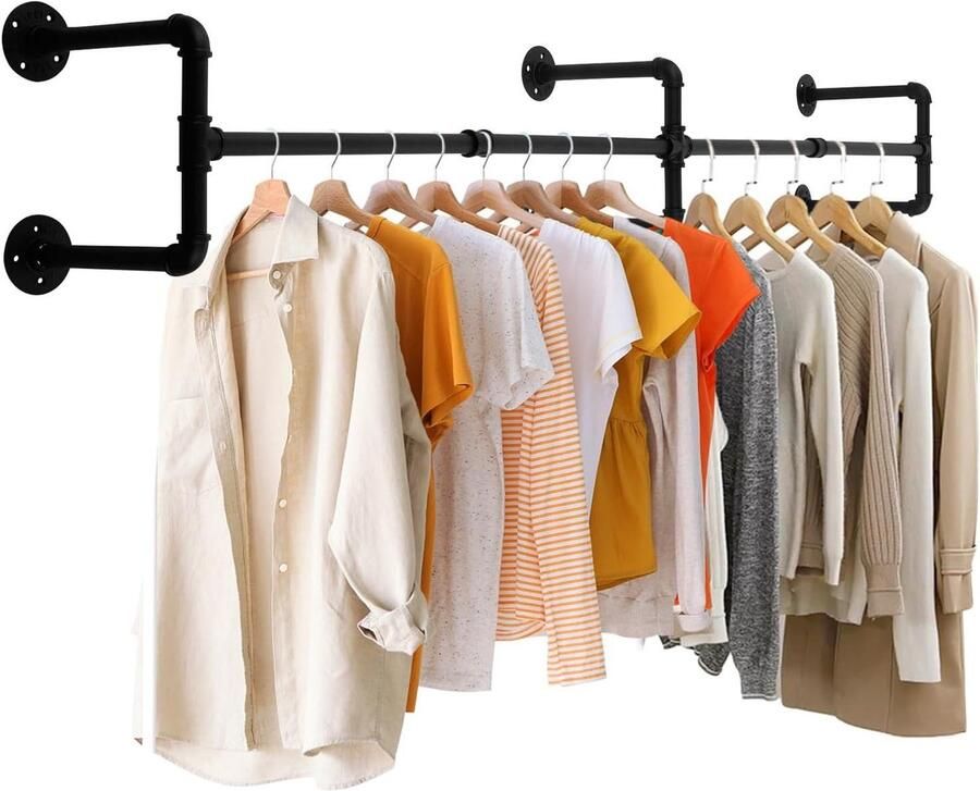 Allecto Plus Wandgemonteerde kledinghanger met industriële uitstraling Zwarte kleur Draagcapaciteit 130 lbs Kledingrek voor garderobe slaapkamers cafés en restaurants