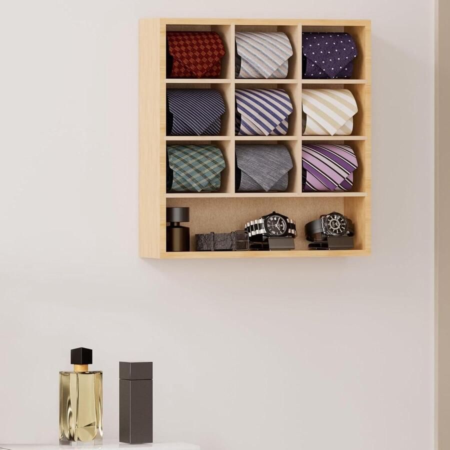 Allecto plus Wandgemonteerde Tie Box voor Muur Bamboe Tie Organizer met 16 Stropdassen Opslag