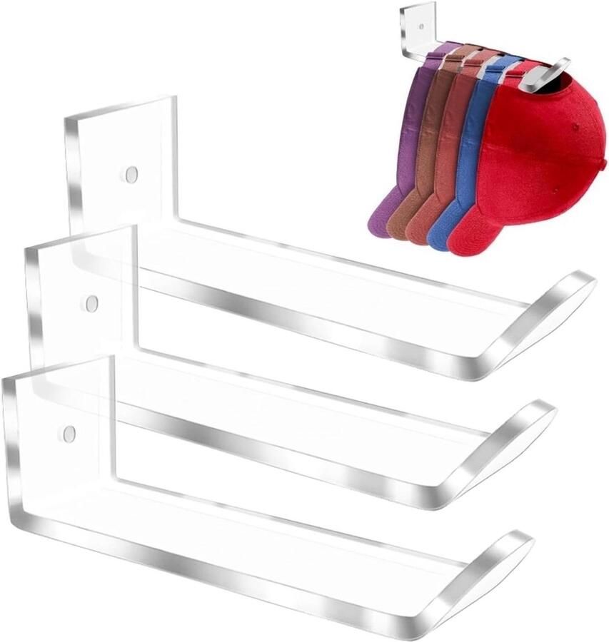 Allecto Plus Wandhaakjes voor petten transparant acryl baseball organizer beursrek multi-functionele haken voor tassen sjaals sleutels en stropdassen (3 stuks)