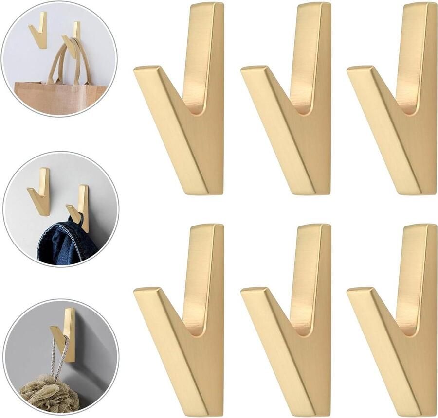 Allecto Plus Wandhaken voor kleding en garderobe set van 6 stuks goudkleurig Geschikt voor boren in muur Onzichtbare haken voor badkamer keuken hal