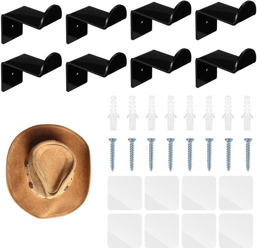 Allecto Plus Wandhoedenrek voor 8 Cowboyhoeden Hoedenhaken Praktische Hoedenorganizer Zwarte Western Kamerdecoratie Inclusief Schroeven Sterke Acryl Hoedenhouders 7x45cm