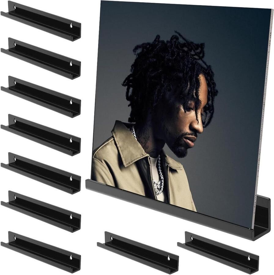 Allecto Plus Wandhouders voor vinylplaten en foto's Set van 8 Acryl vinylplaatstandaard Opslag zwart 305 x 43 x 43 cm