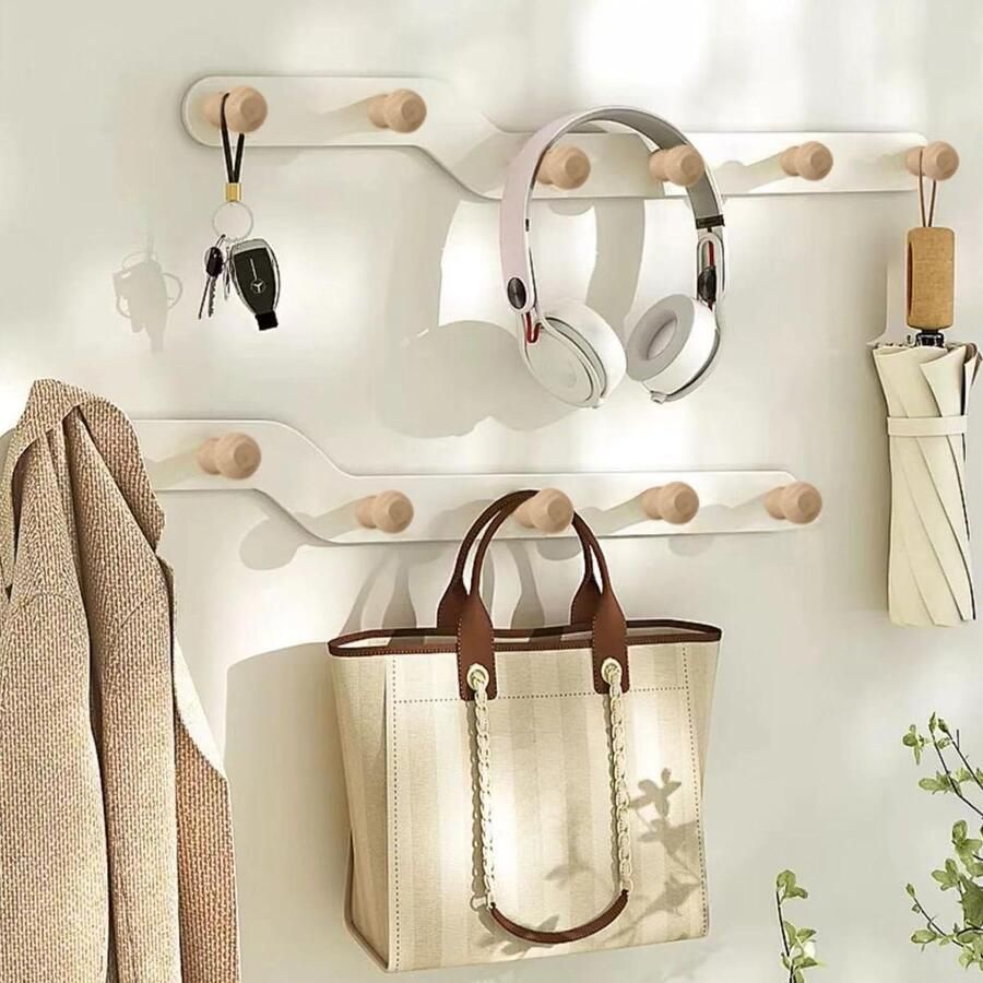 Allecto Plus Wandkapstok met 6 houten haken 2 stuks Ruimtebesparende garderobe voor mantels handdoeken hoeden sleutels portemonnee