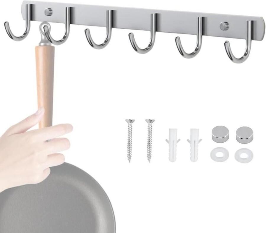 Allecto Plus Wandkapstok set van roestvrij staal met 6 haken voor keuken en badkamer