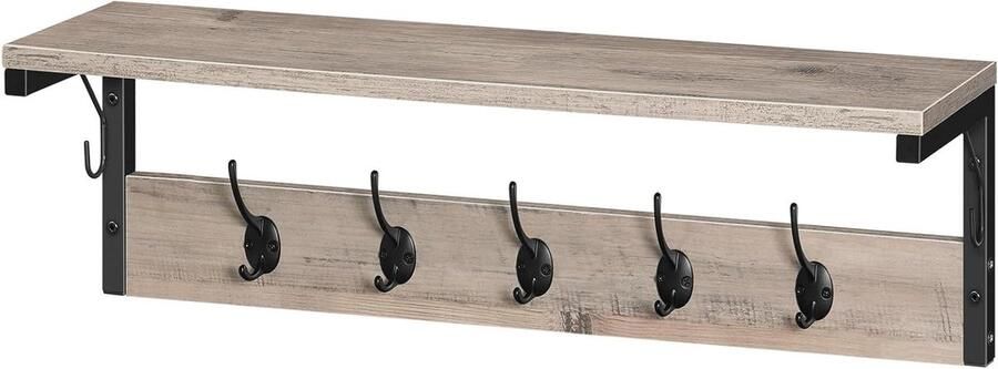 Allecto Plus Wandkapstok Wandhaak met legplank en 7 haken in industriële stijl voor hal woonkamer en slaapkamer Greige-zwart design EBG16YM01