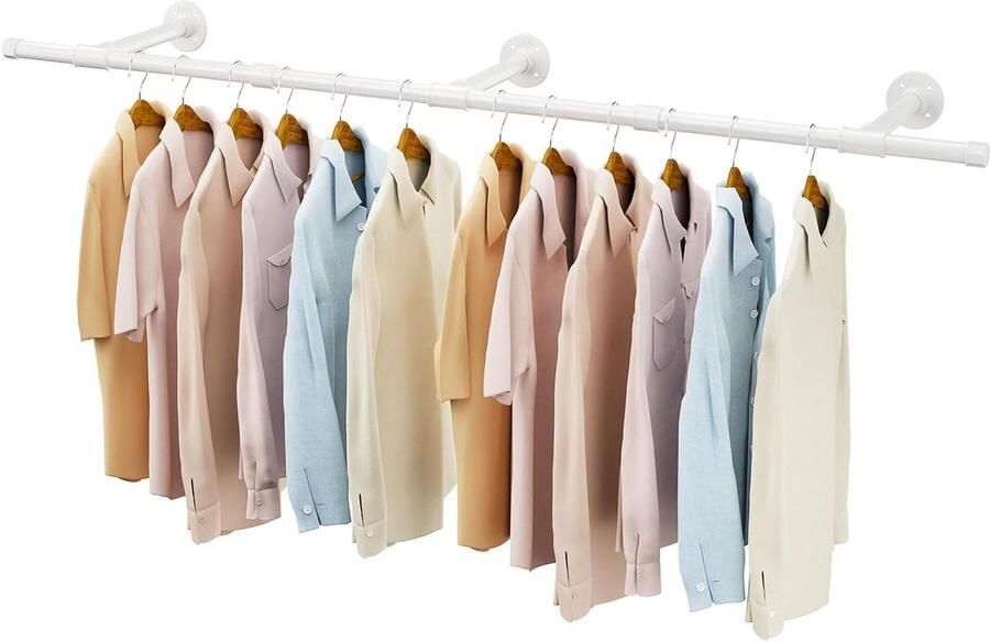 Allecto Plus Wandkledingstang van 156 cm metaal voor industriële wandkleding Afneembaar Kleding ophangen in woonkamer en slaapkamer Drievoudige basis Wit TYJ007W