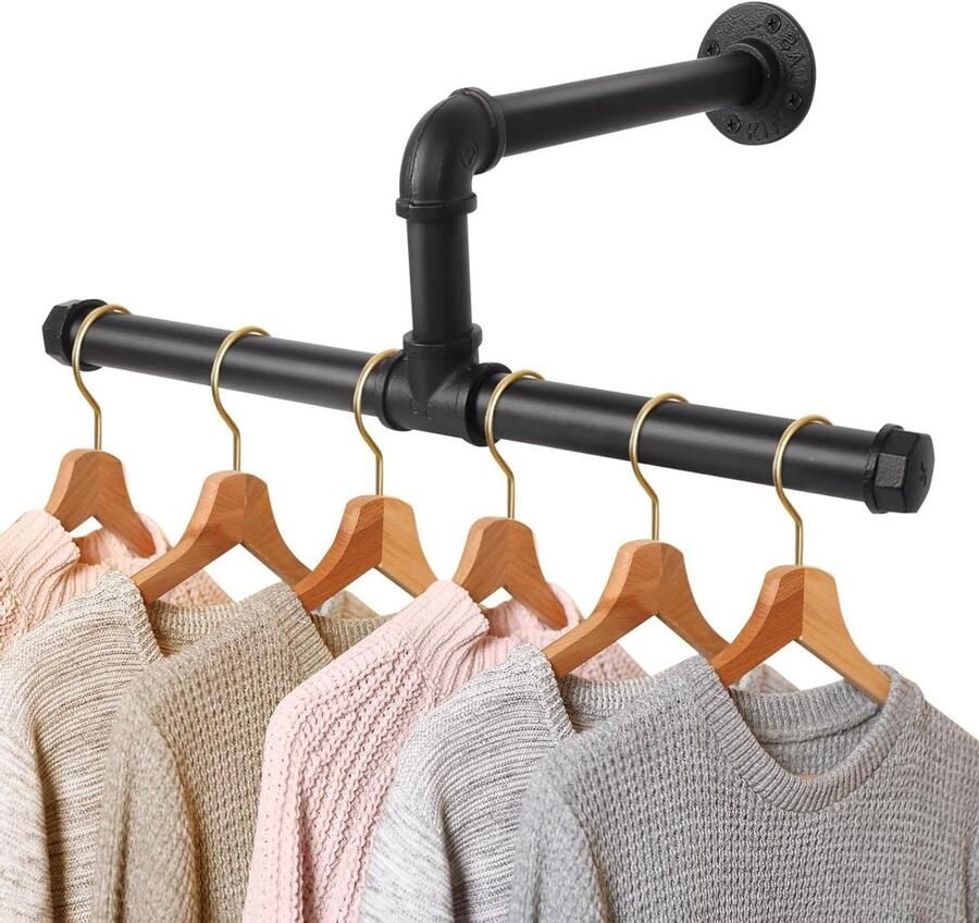Allecto plus Wandmontage Kledingrail van Industriële Pijp voor Kledingstukken Rustieke Metalen Wandmontage Kledingrek met Multifunctionele Staaf Opknoping Rack voor Handdoeken Afneembaar T-Bar Ontwerp
