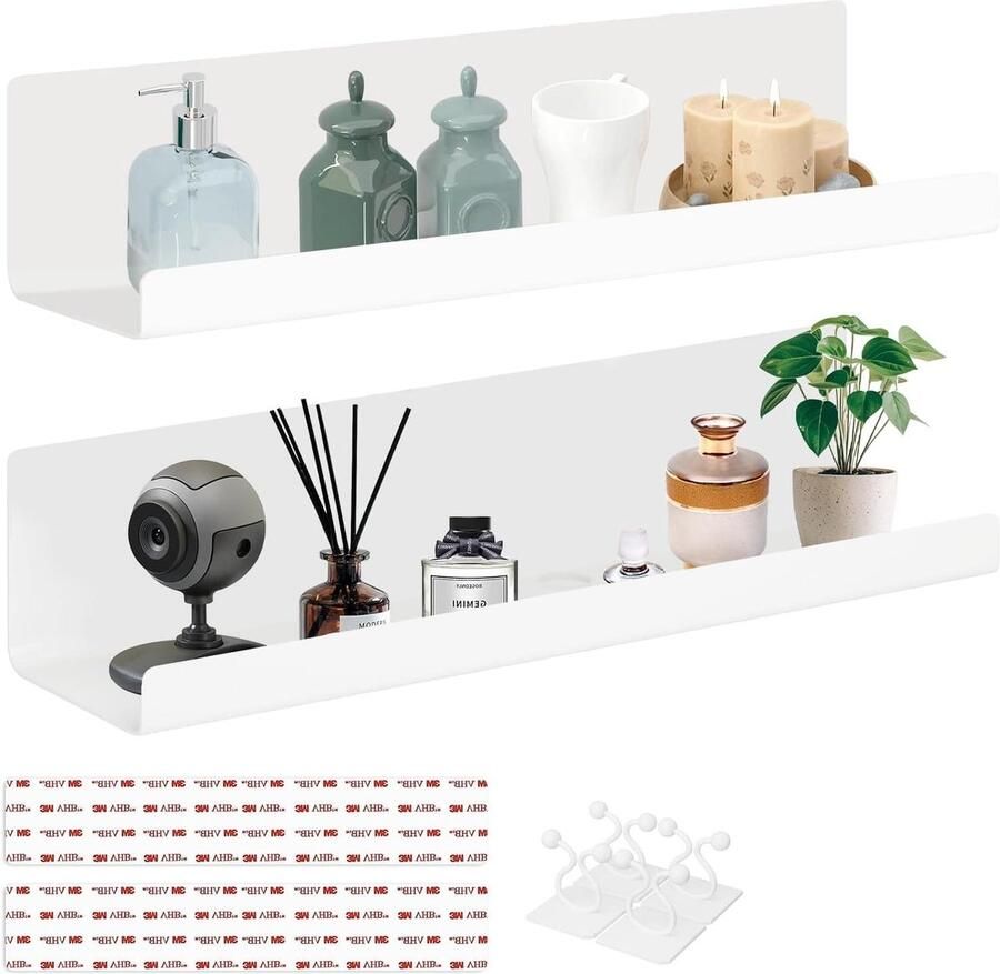 Allecto plus Wandplanken Set Wit Draadgat en Veiligheidsclip Woondecoratie voor Keuken Badkamer Slaapkamer Zonder Boren Set van 2