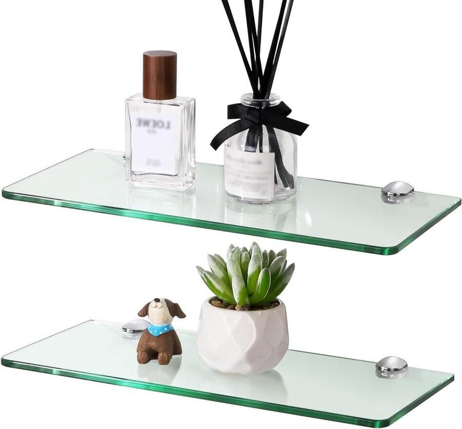 Allecto Plus Wandrek van Gehard Glas 6mm Set van 2 stuks Lengte 30 cm Transparant Verchroomd Modern Design