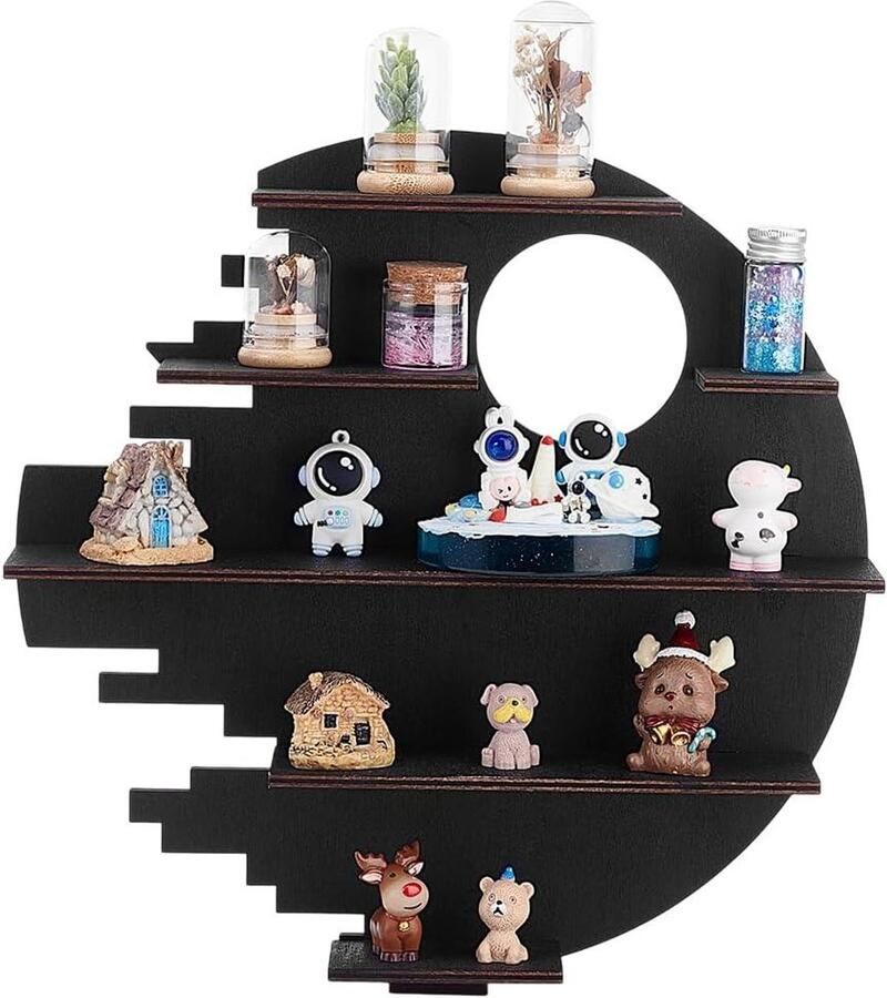 Allecto plus Wandrek van zwart hout in grote maanvorm met 5 niveaus. Zwevende planken voor boeken decoratie keuken en badkamer