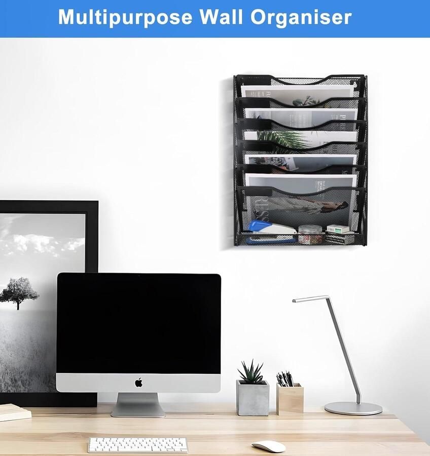 Allecto plus Wandvijlhouder Mesh Wandmontage Tijdschrift Rack Bureau Organizer voor Kantoor School Accessoires Zwart met 7 Tiers