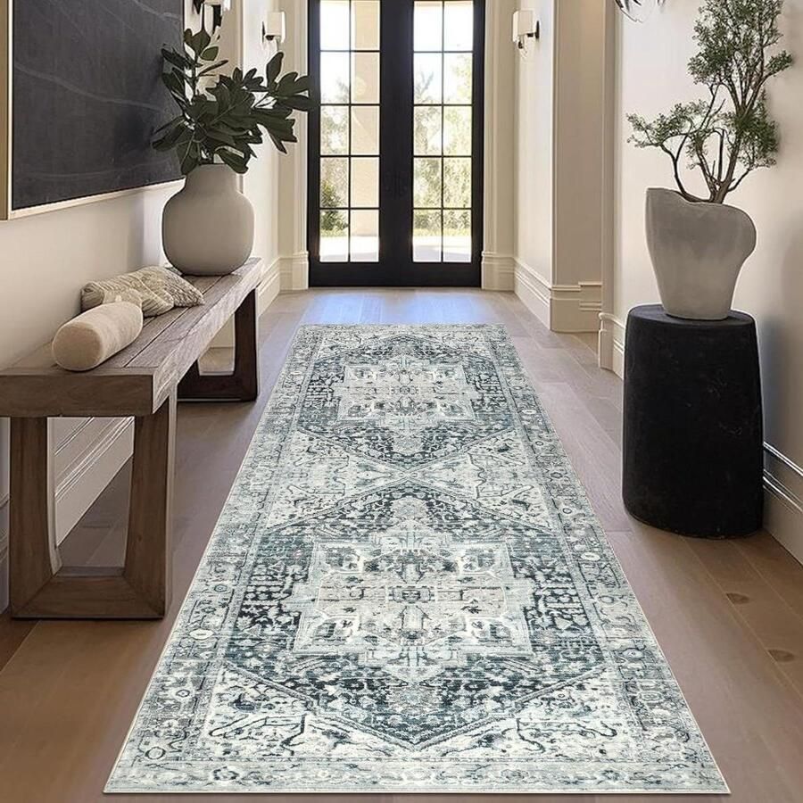 Allecto plus Wasbaar tapijt 80x200cm blauw grijs kortpolige tapijtloper met antislip hal entree slaapkamer keuken bende voor vloerkleed wasruimte