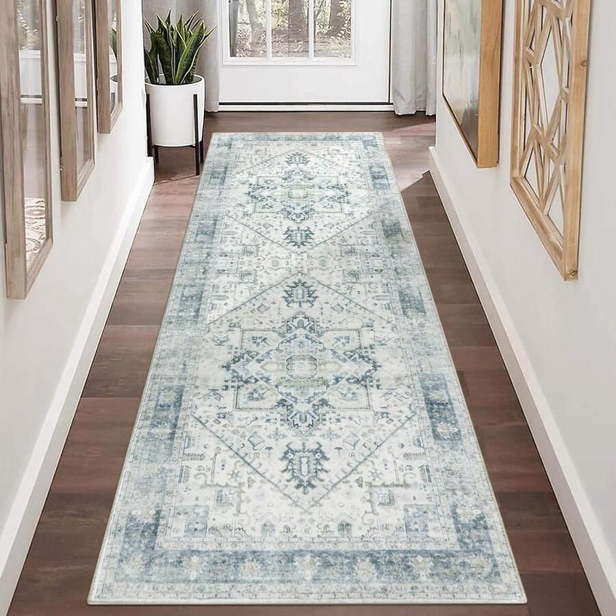 Allecto plus Wasbaar tapijt 80x200cm Groen Grijs Kortpolige tapijtlopers voor hal en meer