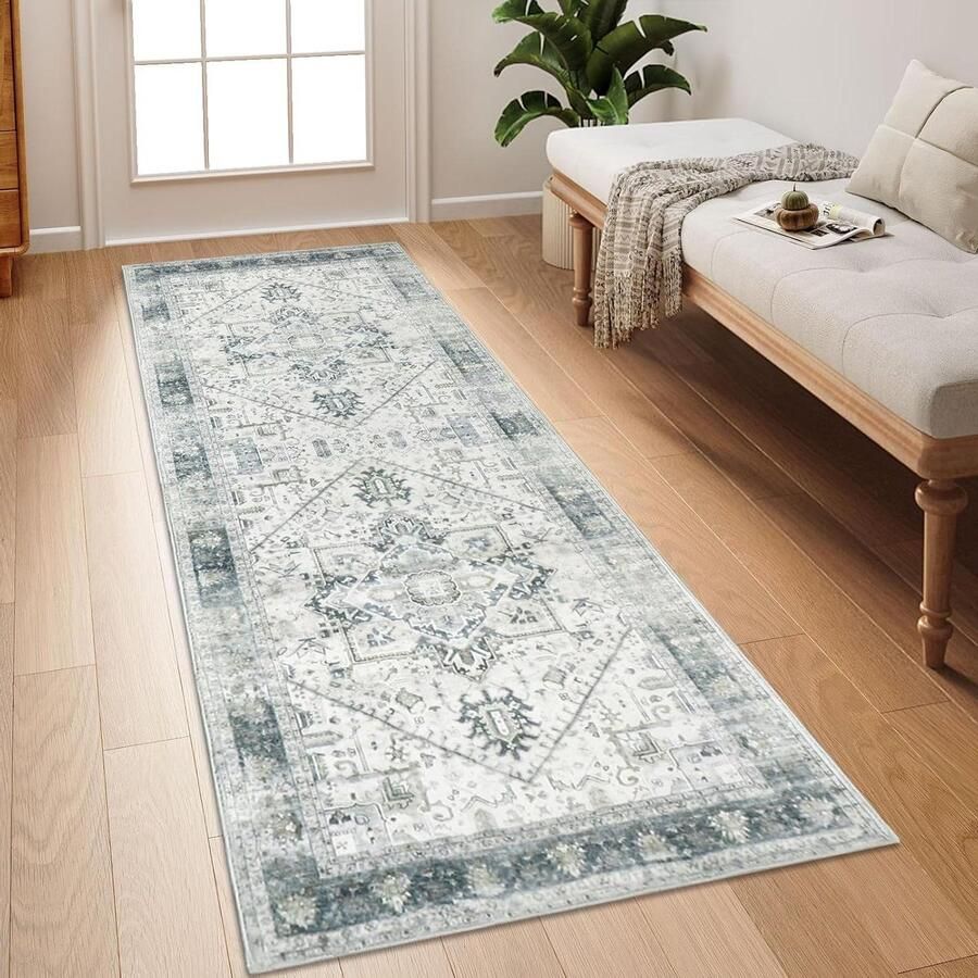 Allecto plus Wasbaar Tapijtloper 65x180cm Groen Grijs Antislip Vloerkleed voor Hal en Keuken Kortpolig Bende Wasserijopleveling Slaapkamerontvangst