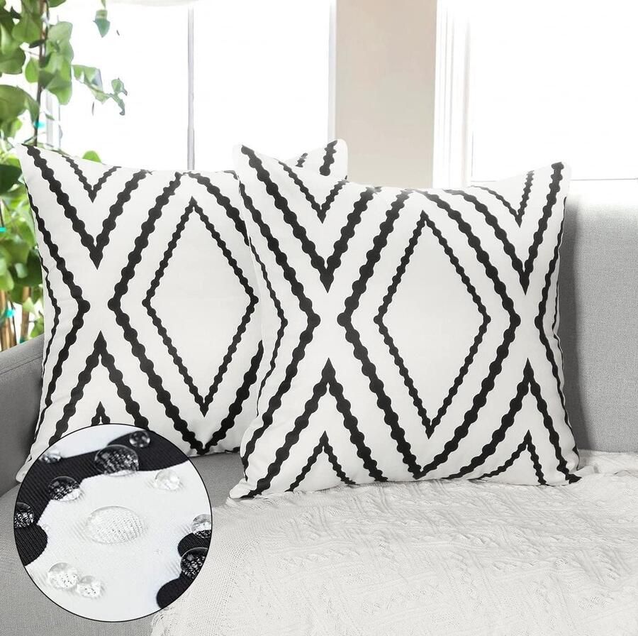 Allecto Plus Waterdichte kussenslopen voor buiten set van 2 zwart-wit geometrische kussenslopen boho boerderij Azteekse kussenhoezen decoratieve tuinkussens voor thuis bed terras bank Duurzaam en stijlvol ontwerp