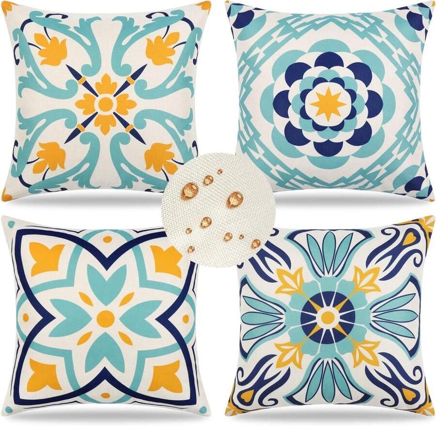 Allecto Plus Waterdichte kussenslopen voor buiten set van 4 decoratieve kussenslopen met bloemenprint 45 x 45 cm ideaal voor terras bank balkon en tuin boho boerderij stijl
