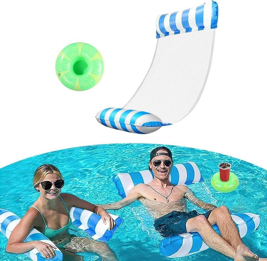 Allecto Plus Waterhangmat voor Volwassenen en Kinderen 4-in-1 Luchtmatras met Net en Bekerhouder Duurzaam Geschikt voor Zwembaden en Stranden Blauw Ontspannend Drijvend Ligbed