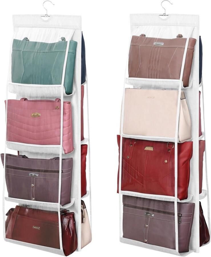 Allecto Plus Winter Shore Handtas Kledingkast Organiser (2 Stuks) Wit Opvouwbare Kast Opberger Hanger voor Ontwerper Beurzen Tas 8 Heldere Plastic Compartimenten Zware Kwaliteit Haak