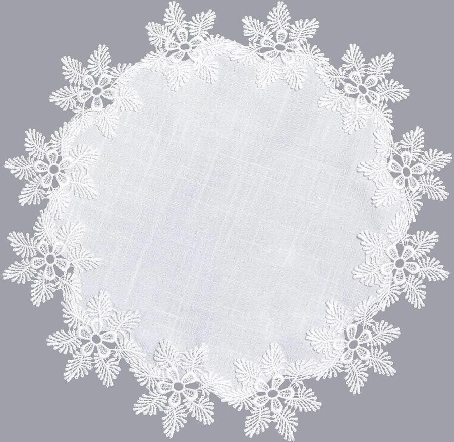 Allecto Plus Wit Linnen Rond Tafelkleed met Sneeuwvlok Kant Salontafel Topper Eettafel Decoratie 40 x 40 cm Voor Eetkamer en Keuken