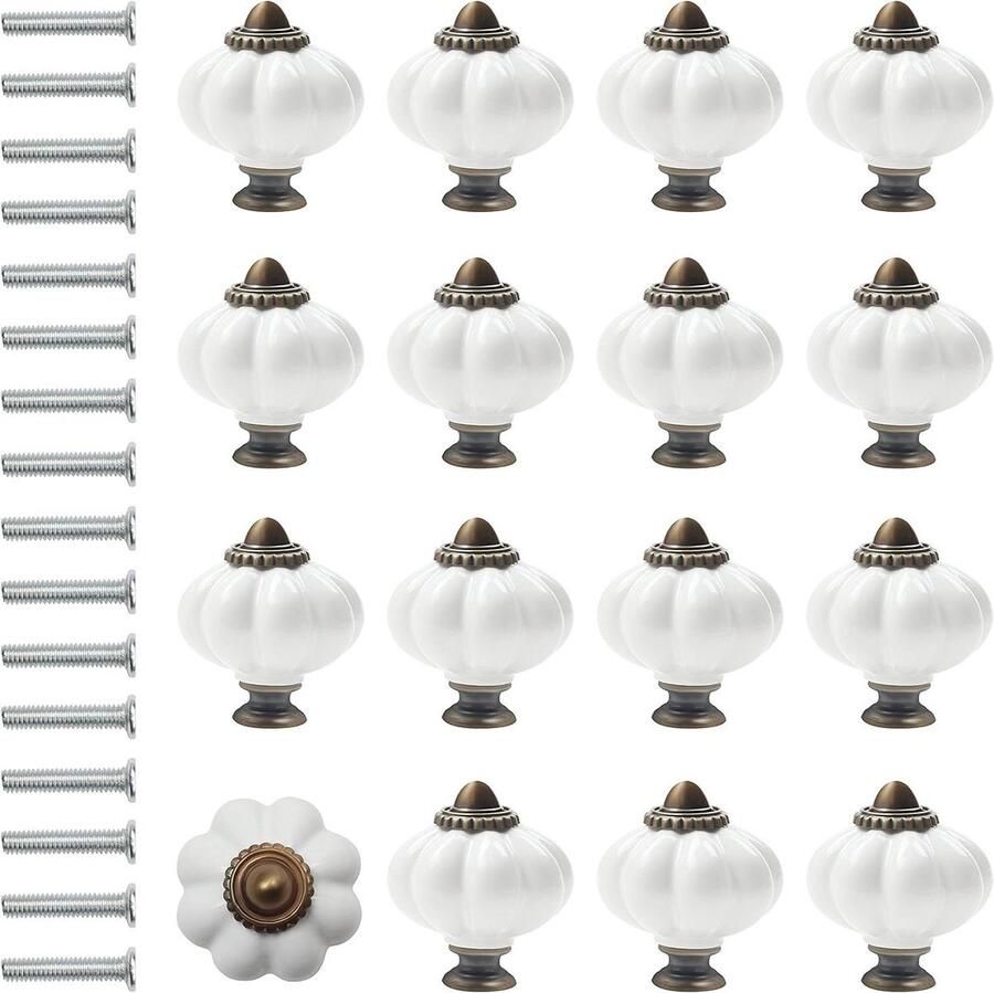 Allecto plus Witte Bronzen Pompoen Keramische Knoppen met Schroeven (16 stuks) Vintage Handvatten voor Meubels Keuken Kasten Lades Kastdeuren