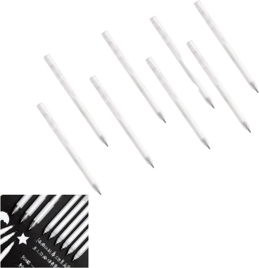 Allecto Plus Witte gelstiften set van 8 stuks voor kunstenaars 0.8 mm punt Highlights voor zwart papier Tekenen en schetsen met witte gelpen Creatieve tekenbenodigdheden