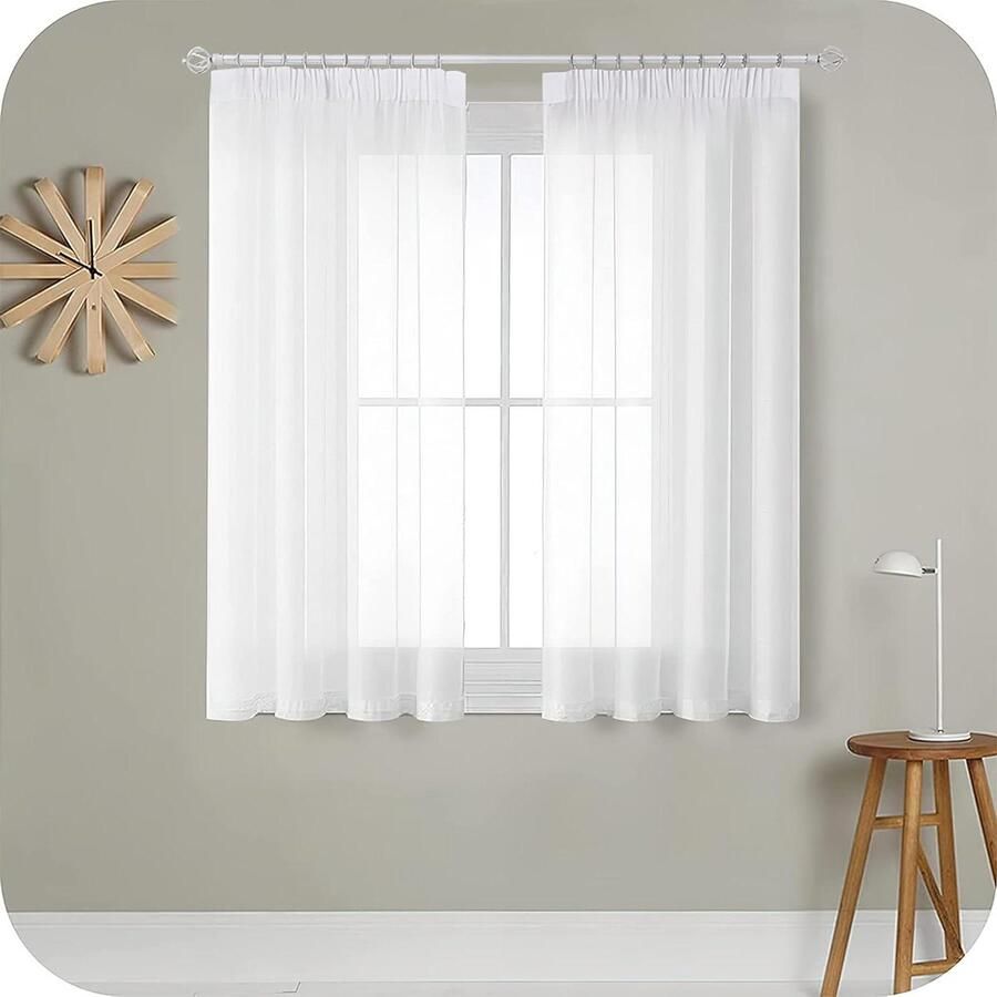 Allecto plus Witte gordijnen 140x137 cm met plooiband en lus voor roede Binnengordijn voor woonkamer keuken kast Klein venster deco