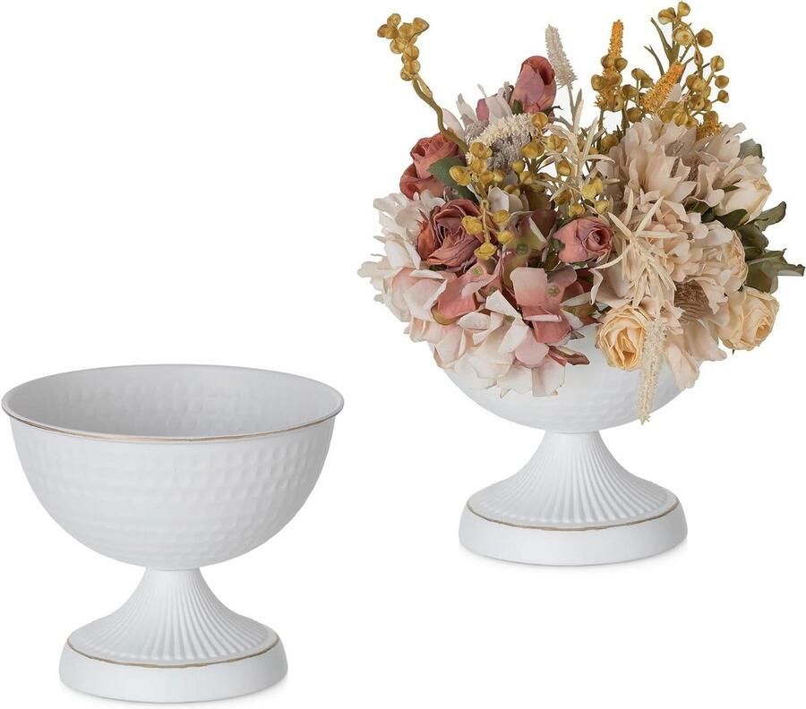 Allecto Plus Witte Metalen Bloemstuk Vaas Set van 2: 15cm Hoog Vintage Design voor Bruiloft Feest & Kerst Tafel Middelpunt & Decoratie