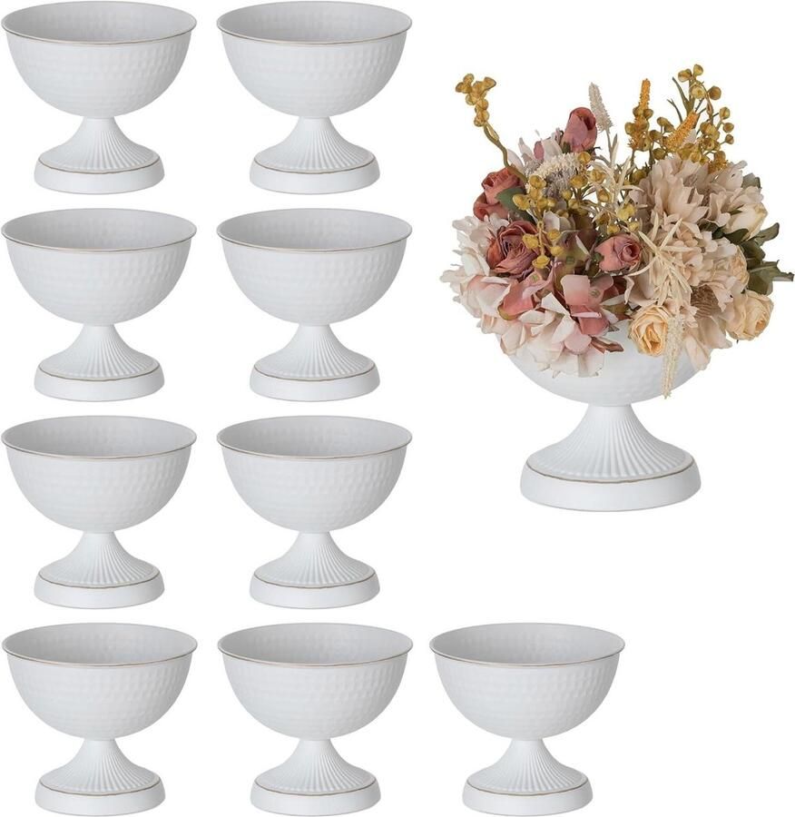 Allecto plus Witte Vaas voor Bruiloft en Feestdecoratie Set van 10 15cm Vintage Bloemstuk Potten Gehamerde Metalen Vaas Elegante Tafel Middelpunt Verjaardag Kerst