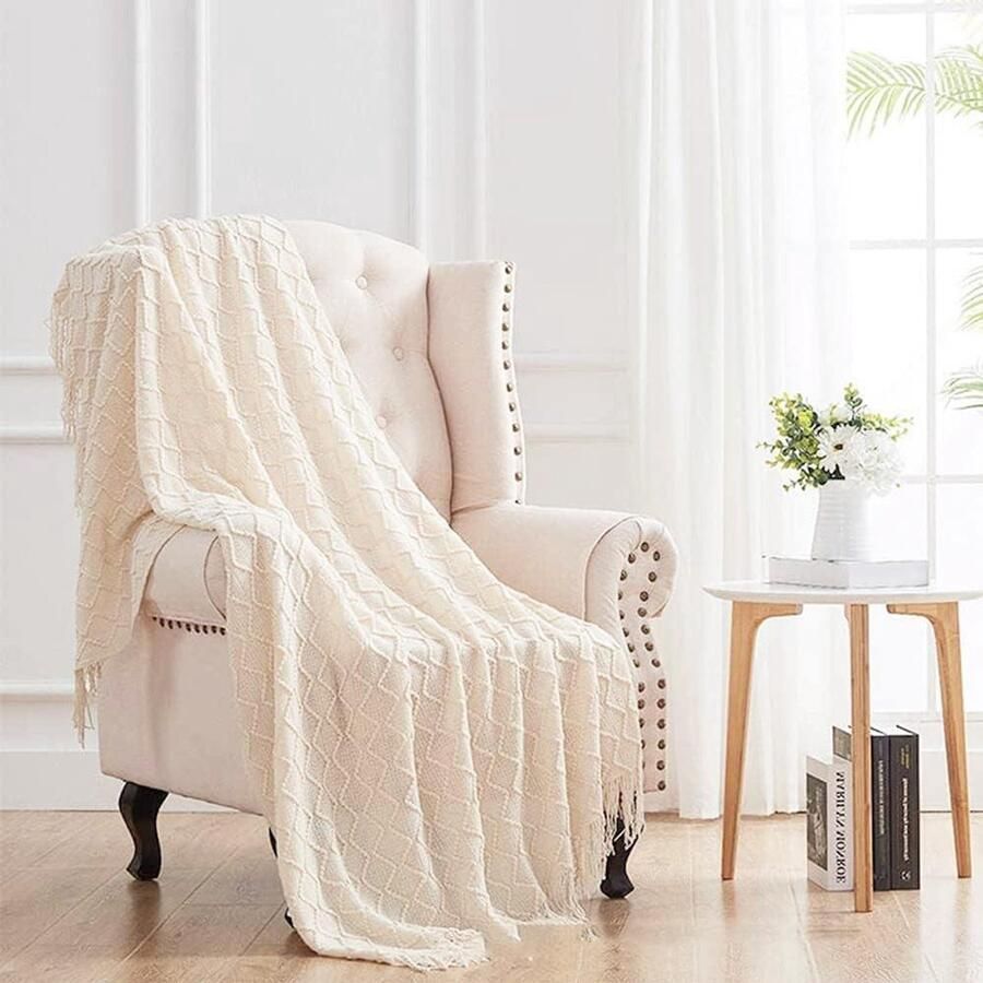 Allecto Plus Wollen plaid voor bank Zachte deken met franjes Gebreide plaid voor sofa Slaapdeken met dekbedovertrek Luchtige deken voor bank of bed