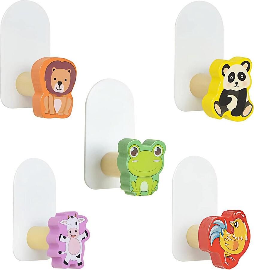 Allecto plus Zelfklevende kinderhaken voor garderobe en handdoeken 5 dierenmotieven Houten wandhaakjes zonder boren Kinderkleding