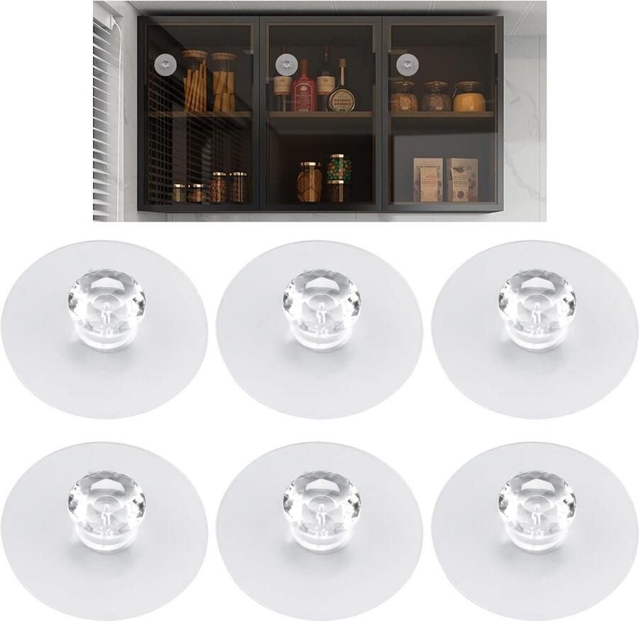 Allecto Premium Set van 6 Zelfklevende Knoppen voor Kastlades Kristalvorm Zonder Boren Voor Raam Kledingkast Keuken Decoratieve Knoppen