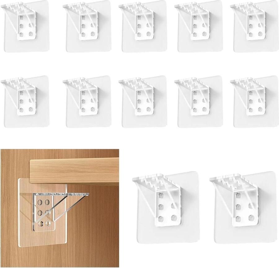 Allecto Plus Zelfklevende Plankdragers (12 stuks) voor Kastvloeren en Kledingkasten Geen Boren Nodig Transparant Versterkte Plankhouder
