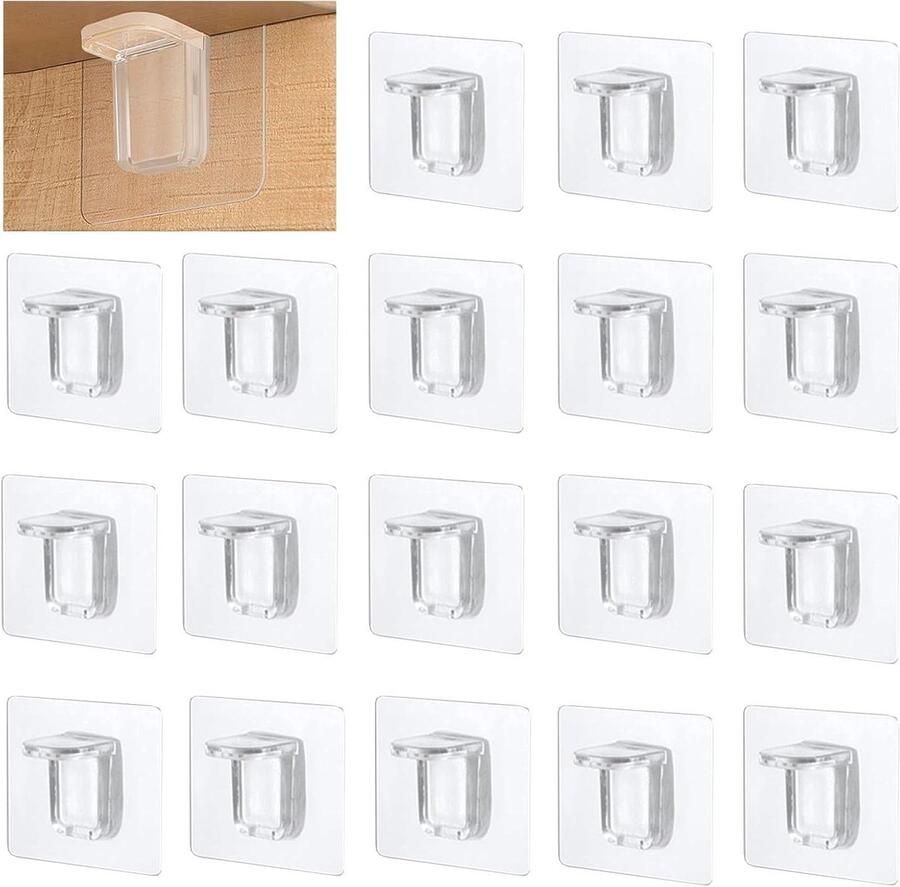 Allecto Plus Zelfklevende Plankhouders 7 x 7 cm transparant (18 stuks) Geen boren Max. 15 kg belasting Voor wandplanken kasten kledingkasten