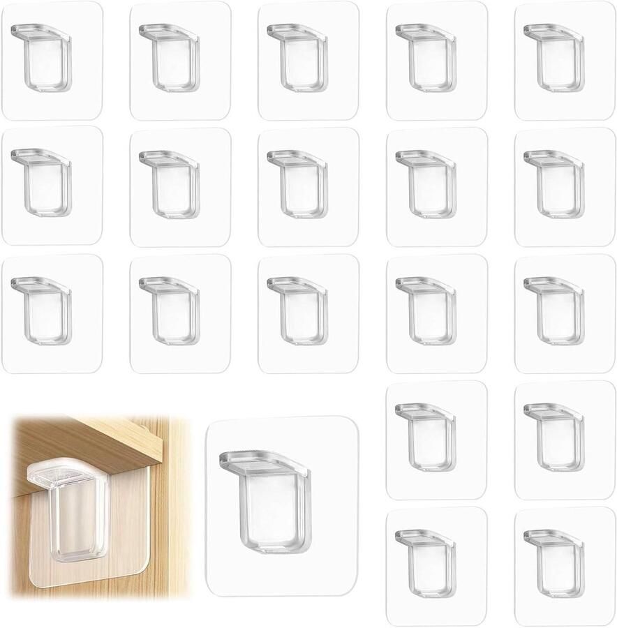 Allecto Plus Zelfklevende Plankhouders Transparant 20 Stuks Zonder Boren 7 x 7 cm Afneembaar Kunststof Voor Kledingkasten en Kasten