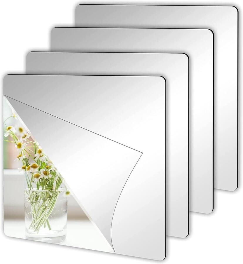 Allecto Plus Zelfklevende Spiegels Set van 4 Wandspiegel 20x20cm Acryl Spiegeltegels Vierkante Spiegel Flexibele Muursticker Badkamer Kledingkast Decoratie