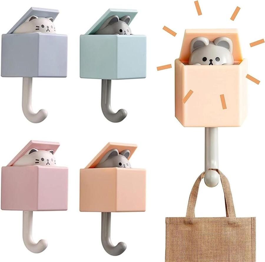 Allecto Plus Zelfklevende wandhaken voor kinderen Grappige kapstokhaken Decoratieve kattensleutelhaken voor thuis Keuken en hoeden Veelzijdige kunststof haken