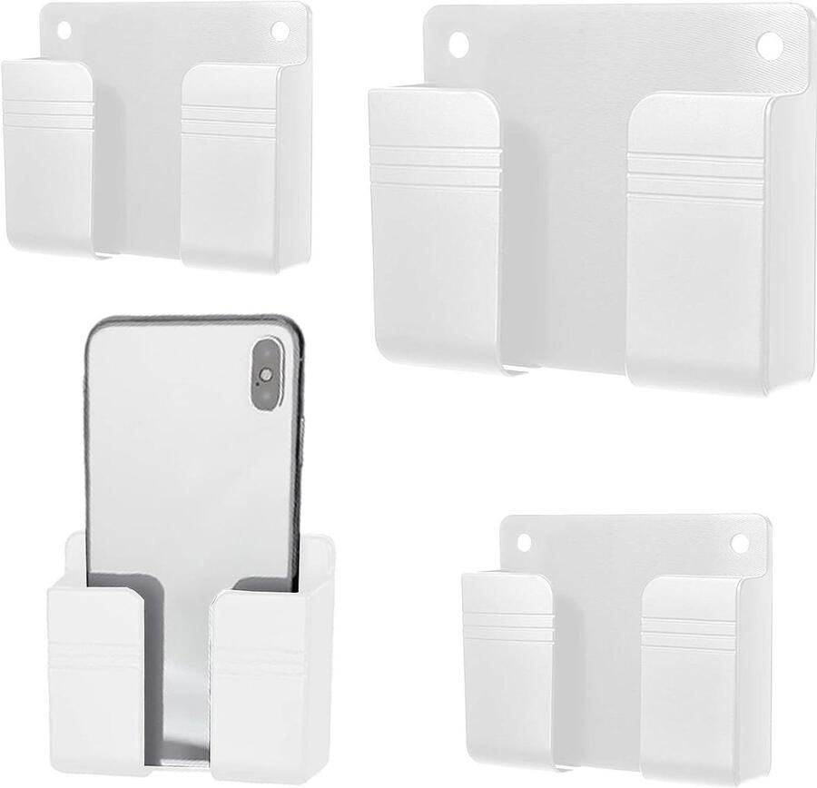 Allecto Plus Zelfklevende wandhouder voor mobiele telefoon Set van 4 Wit Geschikt voor oplader afstandsbediening en meer Voor waterdicht gebruik in badkamer of aan nachtkastje