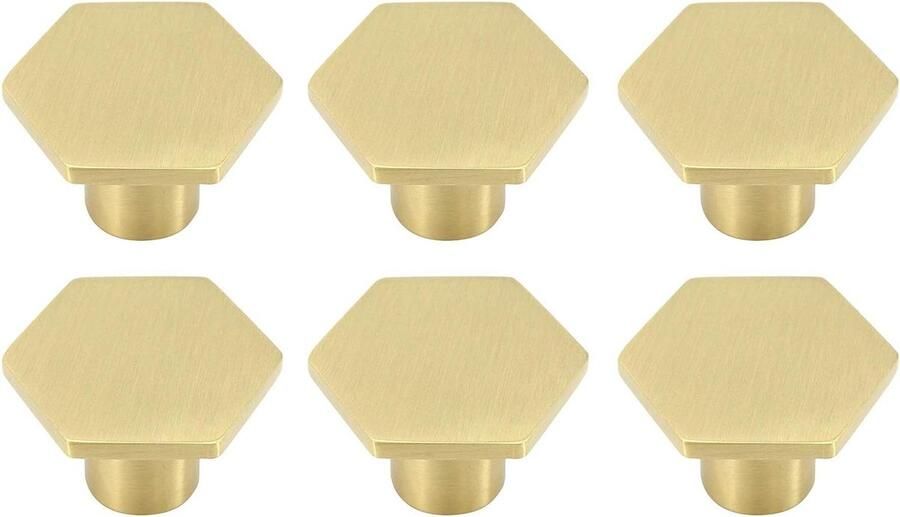 Allecto Plus Zeshoekige messing kastknoppen Koperen trekhandvat Voor kledingkastdeur en dressoir 30 mm x 21 mm Set van 6 met schroeven