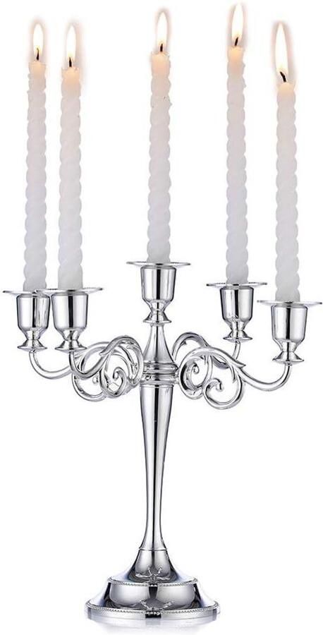 Allecto Plus Zilveren Kandelaar Houders 5-arm 27cm Kaars Stok Bruiloft Verjaardagsfeestje Decoraties Centrepieces Eettafel Kerst