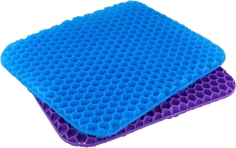 Allecto Plus Zitkussen Set 40 x 35 x 25 cm voor Bureaustoel Auto Rolstoel Zachte Zitgel Honingraatkussen in Paars en Blauw met Antisliphoes
