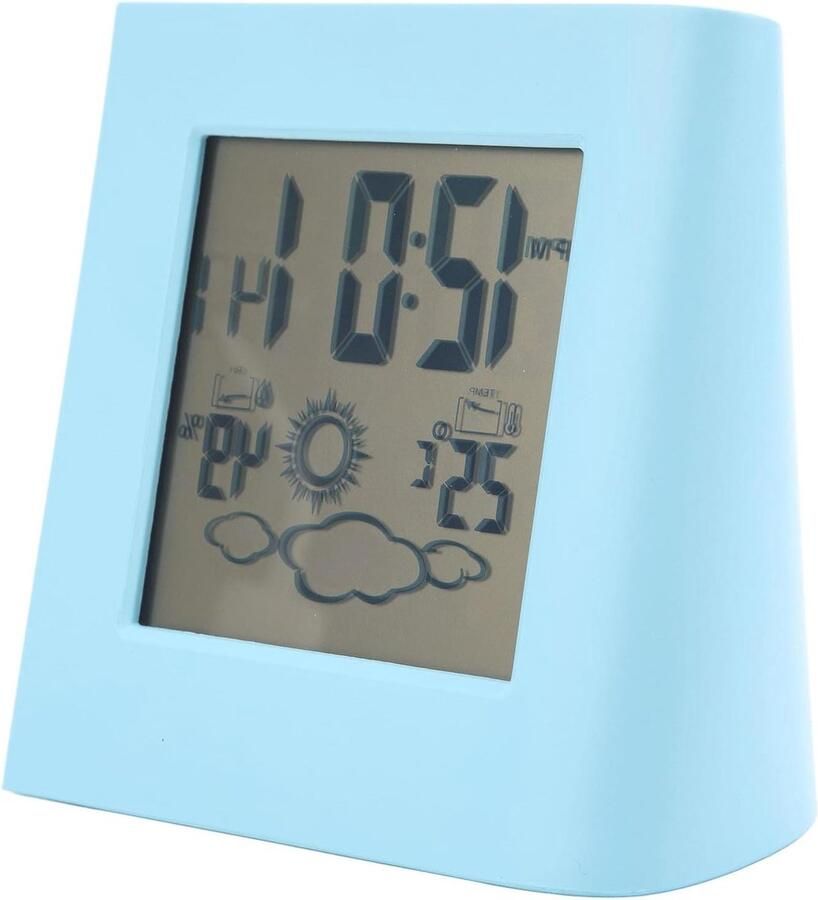 Allecto Plus Zonne-wekker voor op bureau Eco-vriendelijke wekker Zonne-klok met weersvoorspelling LCD-schermklok (Blauw)