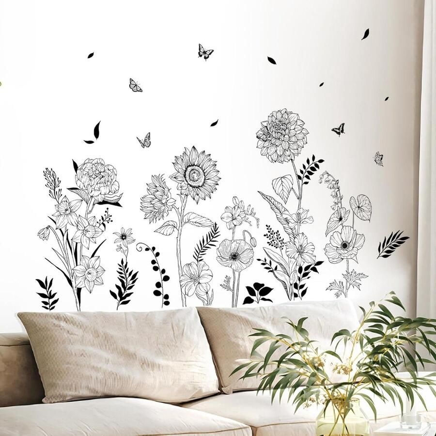 Allecto Plus Zonnebloem en wilde bloemen muurstickers voor meisjes slaapkamer en woonkamer Decoratieve planten en vlinders Zwart-wit bloemenpatroon Schil en stok techniek Kunstzinnige wanddecoratie Geschikt voor kantoor en tv bank