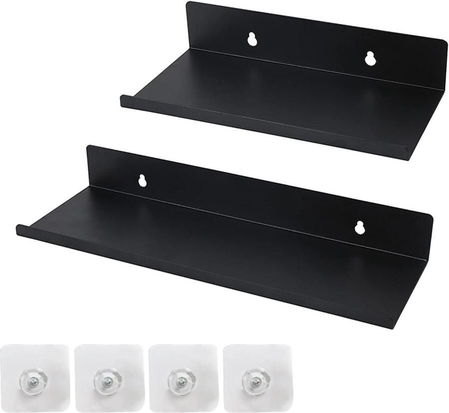 Allecto Plus Zwarte Metalen Muurplanken Set van 2 Wandplanken voor Badkamer en Keuken Stalen Planken voor Huis en Kantoor 20 cm