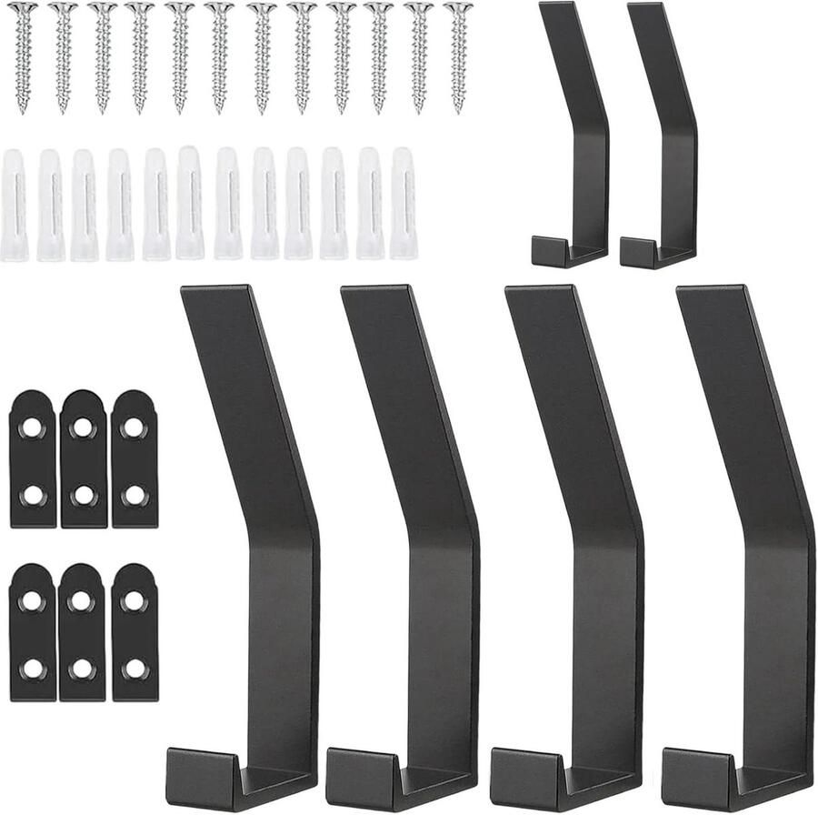 Allecto plus Zwarte dubbele kapstokhaken voor muurmontage Set van 6 Inclusief bevestigingsschroeven Voor kleding jassen handdoeken sleutels